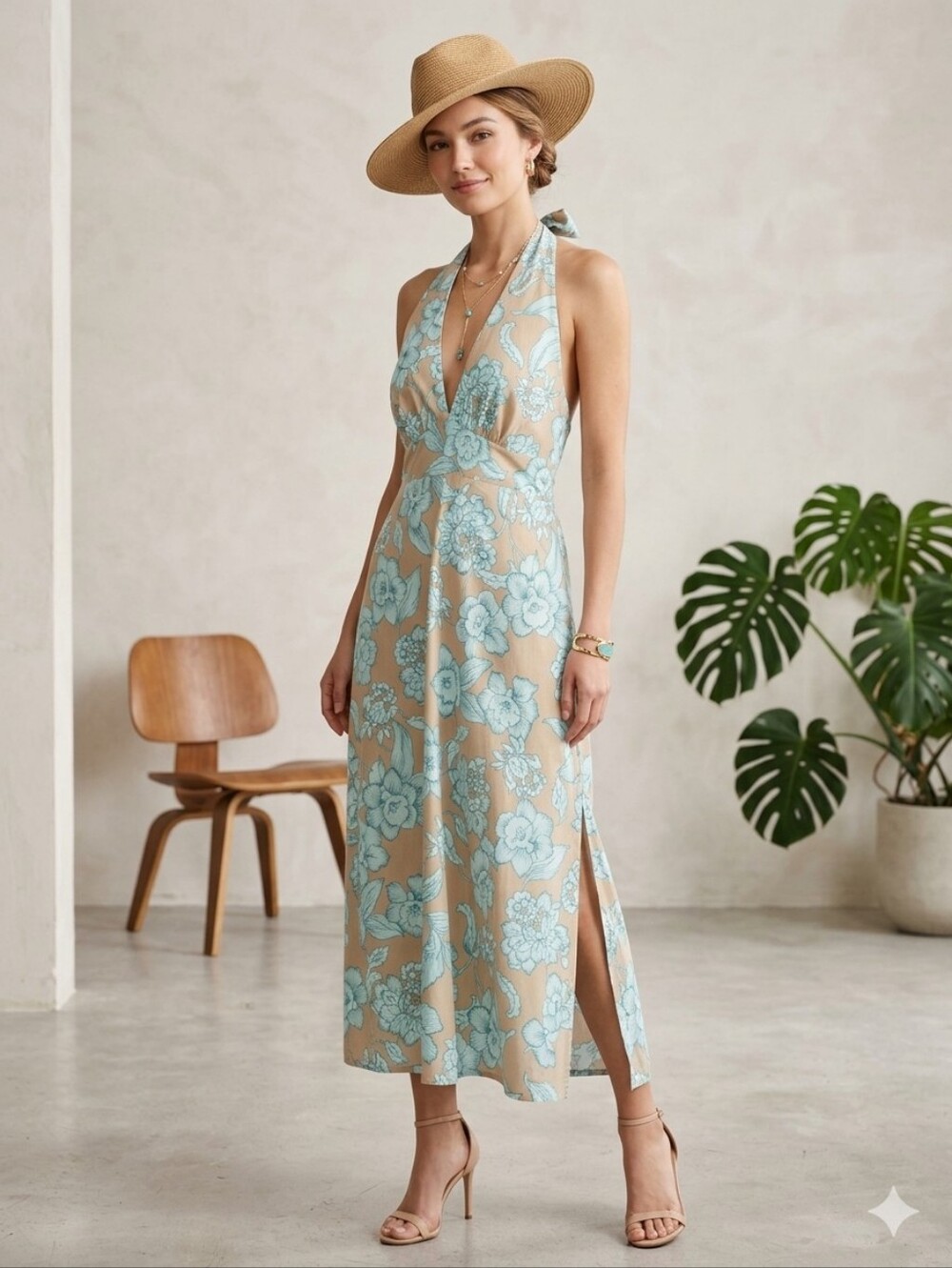 Jaloux Beige & Light Blue Floral Halter Midi Dress